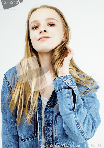Image of young pretty teenage hipster girl posing emotional happy smiling on white background, lifestyle people concept 