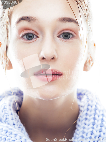 Image of beauty young blond woman in scarf with weathered lips close up i