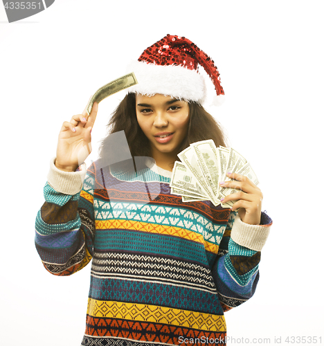 Image of cute young real african hipster girl in santas red hat isolated 