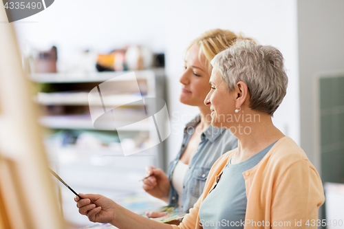 Image of artists discussing painting on easel at art school