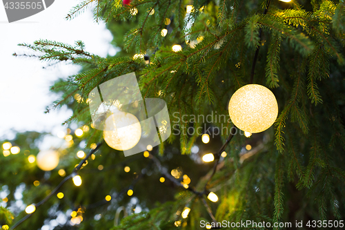 Image of close up of christmas tree garland bulbs outdoors