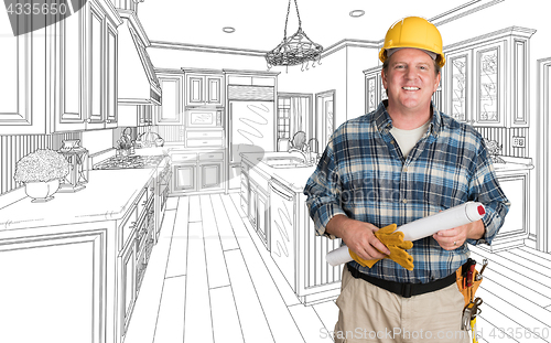 Image of Male Contractor With House Plans Wearing Hard Hat In Front of Cu