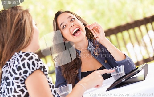 Image of Expressive Young Adult Girlfriends Using Their Computer Electron