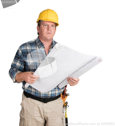 Image of Male Contractor With House Plans Wearing Hard Hat Isolated on Wh