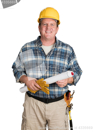 Image of Male Contractor With House Plans Wearing Hard Hat Isolated on Wh