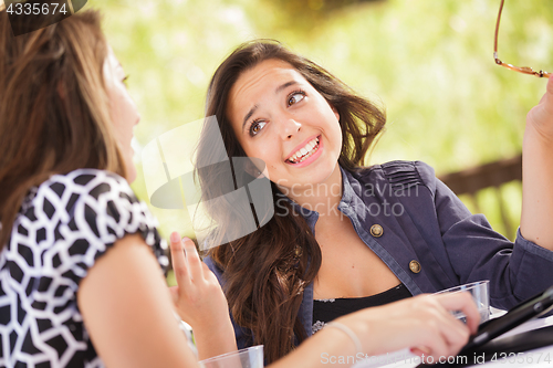 Image of Expressive Young Adult Girlfriends Using Their Computer Electron