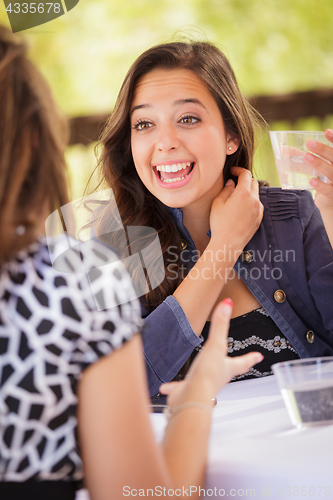 Image of Expressive Young Adult Woman Having Drinks and Talking with Her 