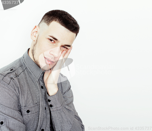 Image of young handsome teenage hipster guy posing emotional, happy smiling against white background isolated, lifestyle people concept 