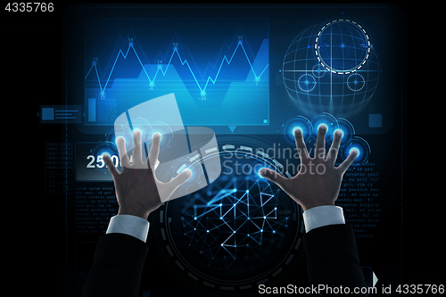 Image of close up of businessman hands with virtual screen