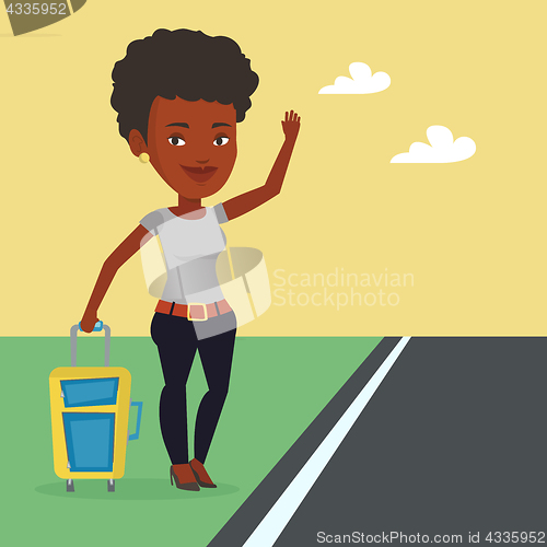 Image of Young woman hitchhiking vector illustration.