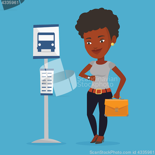 Image of Woman waiting at the bus stop vector illustration.