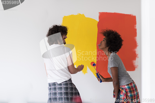 Image of multiethnic couple painting interior wall