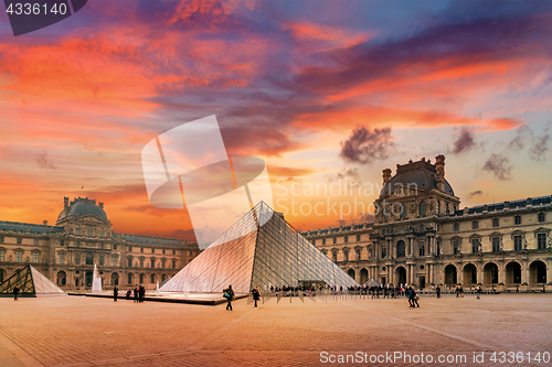 Image of View of famous Louvre Museum with Louvre Pyramid