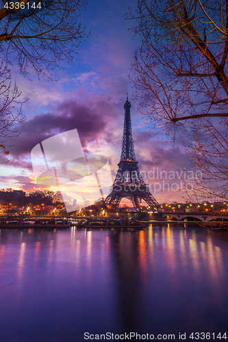 Image of The Eiffel tower at sunrise in Paris 