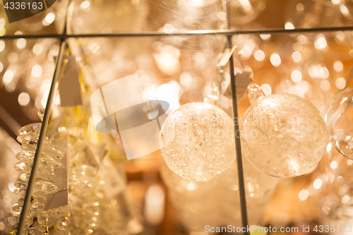 Image of close up of christmas decorations at shop window