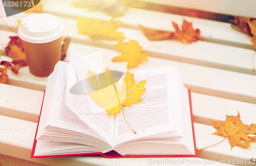 Image of open book and coffee cup on bench in autumn park