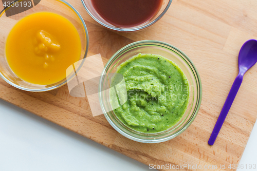 Image of vegetable puree or baby food in glass bowls