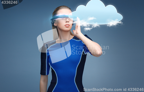 Image of woman in virtual reality 3d glasses with cloud