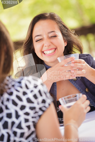 Image of Expressive Young Adult Woman Having Drinks and Talking with Her 