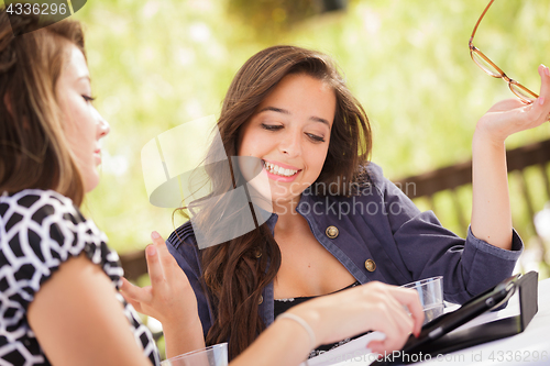 Image of Expressive Young Adult Girlfriends Using Their Computer Electron