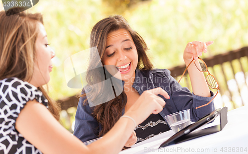 Image of Expressive Young Adult Girlfriends Using Their Computer Electron