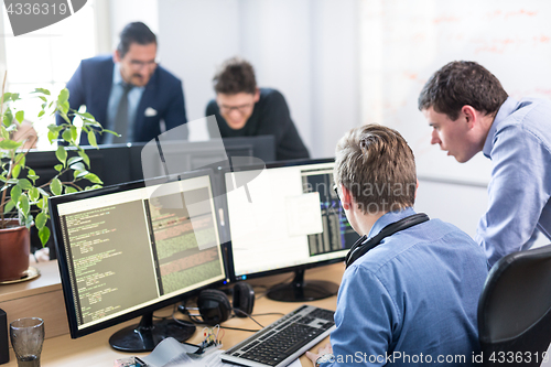 Image of Startup business problem solving. Software developers working on desktop computer.