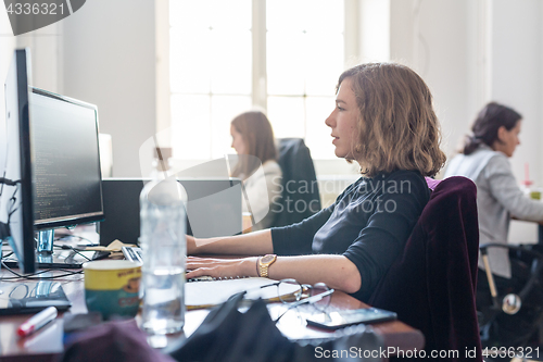 Image of Yound devoted female software developers team working on desktop computer in IT statup company.