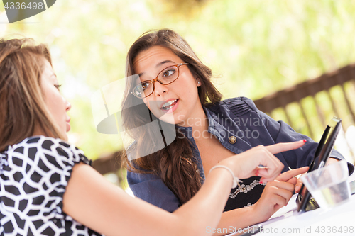 Image of Expressive Young Adult Girlfriends Using Their Computer Electron