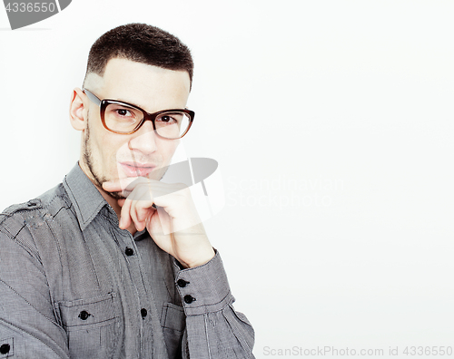 Image of young handsome teenage hipster guy posing emotional, happy smiling against white background isolated, lifestyle people concept 