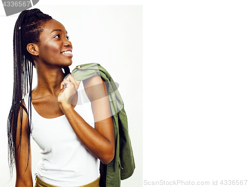 Image of young pretty african-american girl posing cheerful emotional on 