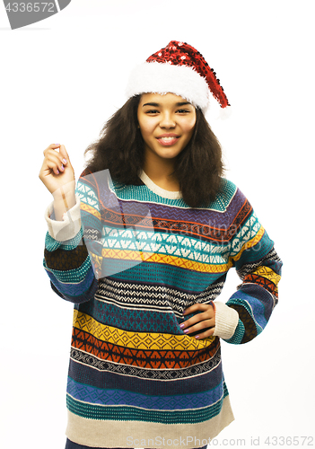 Image of cute young real african hipster girl in santas red hat isolated 