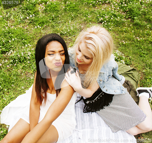 Image of two young pretty teenager girls best friends laying on grass making selfie photo having fun, lifestyle happy people concept, students at summer vacations 