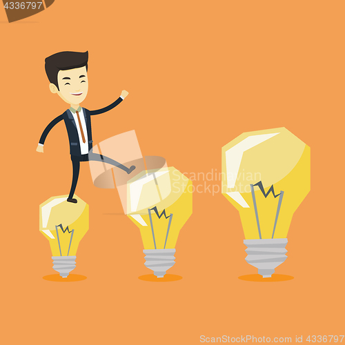Image of Business man jumping on light bulbs.