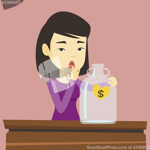 Image of Bankrupt woman looking at empty money box