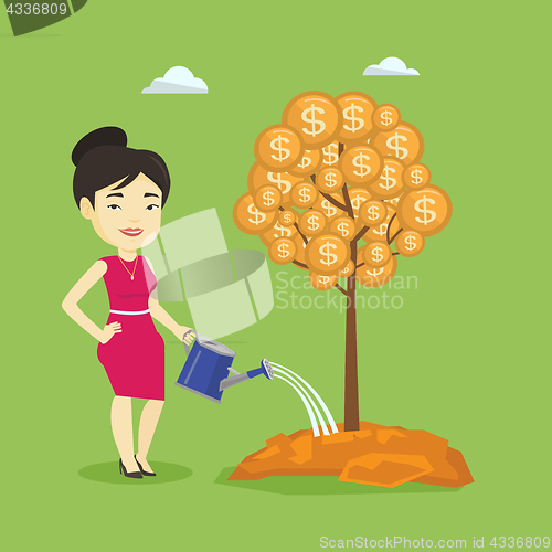 Image of Woman watering money tree vector illustration.