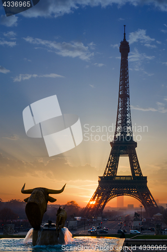 Image of The Eiffel tower at sunrise in Paris 