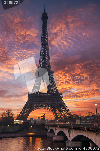 Image of The Eiffel tower at sunrise in Paris 