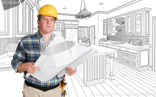 Image of Male Contractor With House Plans Wearing Hard Hat In Front of Cu