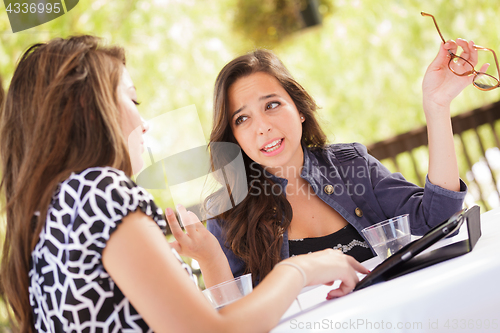 Image of Expressive Young Adult Girlfriends Using Their Computer Electron