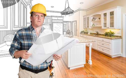 Image of Male Contractor With House Plans Wearing Hard Hat In Front of Cu