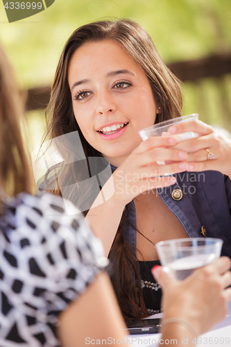 Image of Expressive Young Adult Woman Having Drinks and Talking with Her 