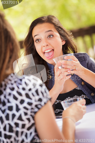 Image of Expressive Young Adult Woman Having Drinks and Talking with Her 