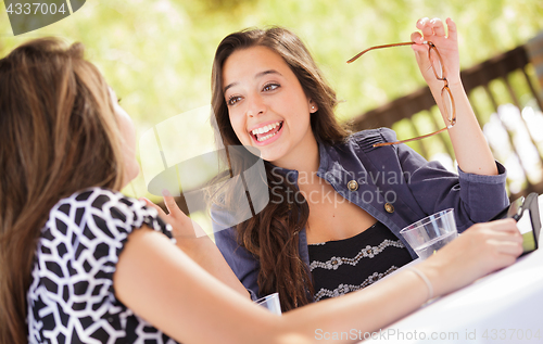 Image of Expressive Young Adult Girlfriends Using Their Computer Electron