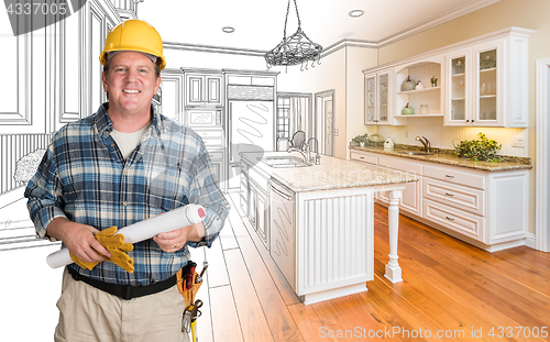 Image of Male Contractor With House Plans Wearing Hard Hat In Front of Cu