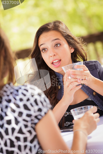 Image of Expressive Young Adult Woman Having Drinks and Talking with Her 