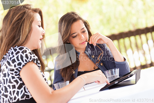 Image of Expressive Young Adult Girlfriends Using Their Computer Electron