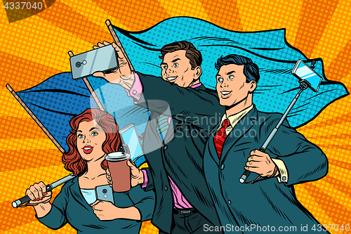 Image of businessmen with smartphones and flags, poster socialist realism