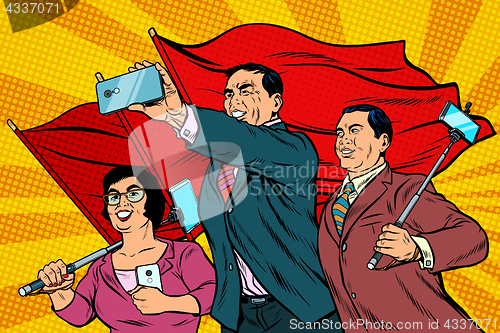 Image of Chinese businessmen with smartphones and flags, poster socialist