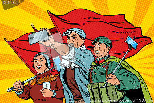 Image of Chinese workers with smartphones selfie, poster socialist realis