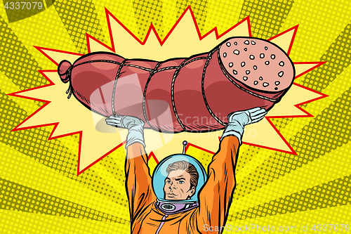 Image of Astronaut and cooked sausage, meat products